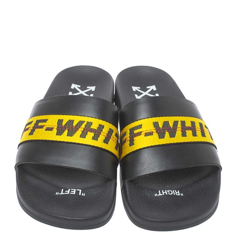 Pre Owned Off White Black/Yellow Leather And Canvas Slide Sandals Size 44