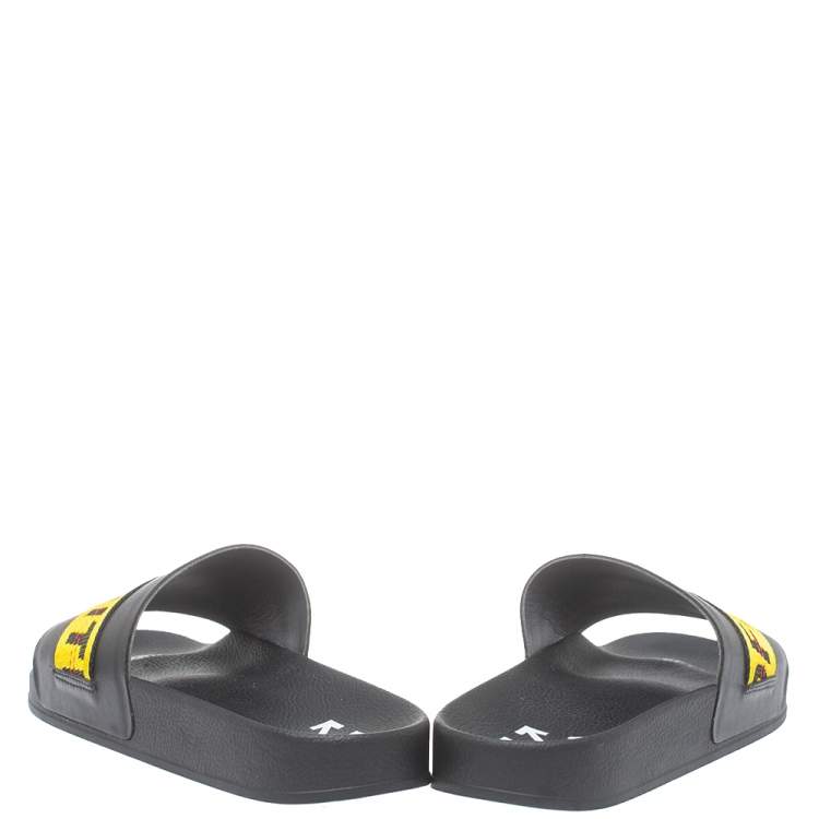 Pre Owned Off White Black/Yellow Leather And Canvas Slide Sandals Size 44