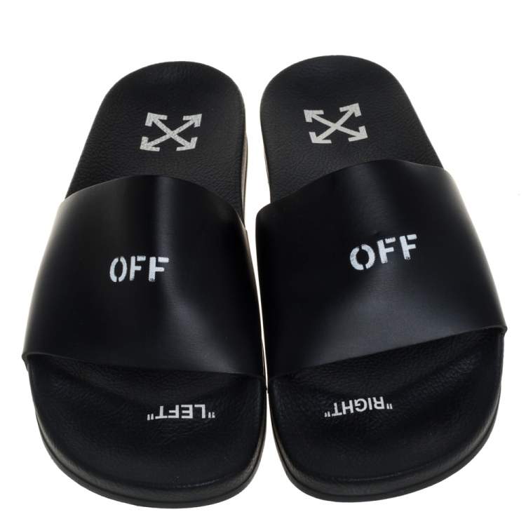 Pre Owned Off-White Black Leather Off Stamp Slide Sandals Size 44