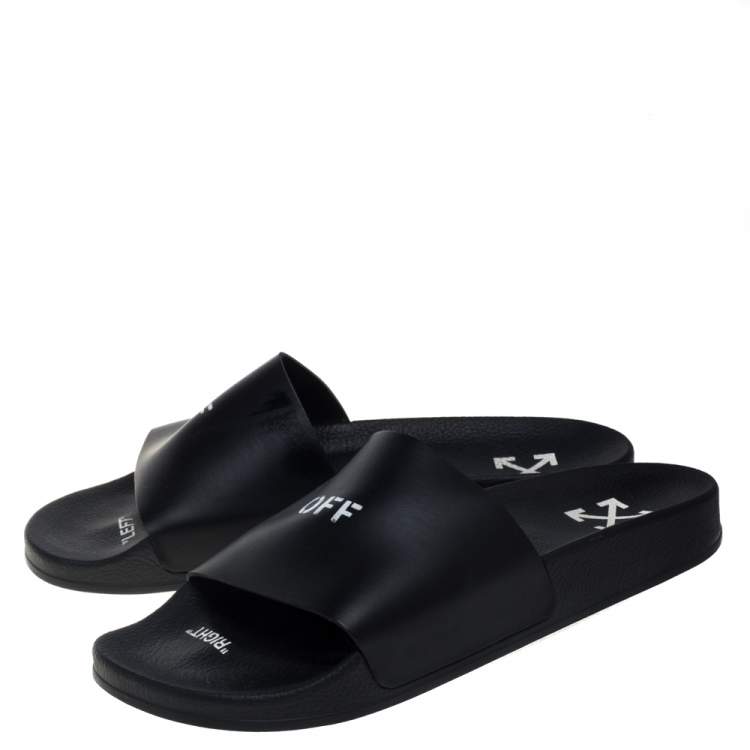 Pre Owned Off-White Black Leather Off Stamp Slide Sandals Size 44