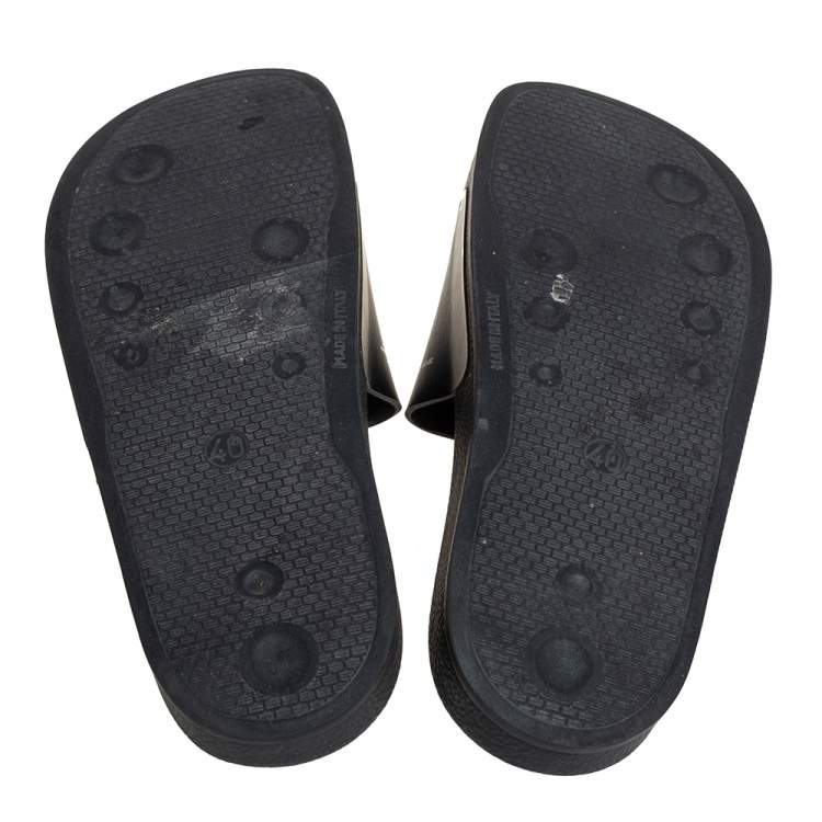 Pre Owned Off-White c/o VIRGIL ABLOH Black Leather Logo Pool Leather Slides Size 40