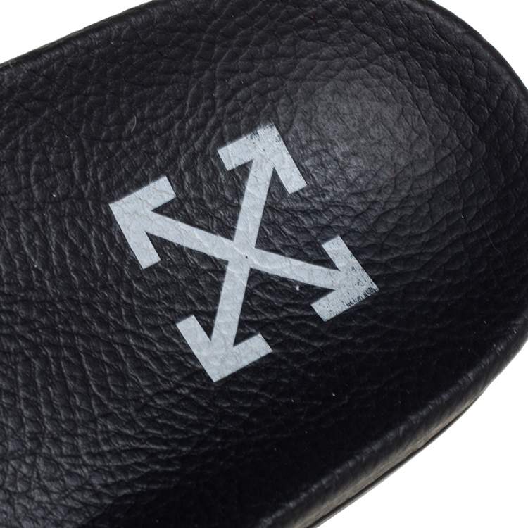 Pre Owned Off-White c/o VIRGIL ABLOH Black Leather Logo Pool Leather Slides Size 40