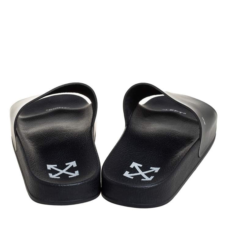 Pre Owned Off-White c/o VIRGIL ABLOH Black Leather Logo Pool Leather Slides Size 40