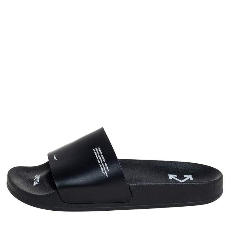Pre Owned Off-White c/o VIRGIL ABLOH Black Leather Logo Pool Leather Slides Size 40