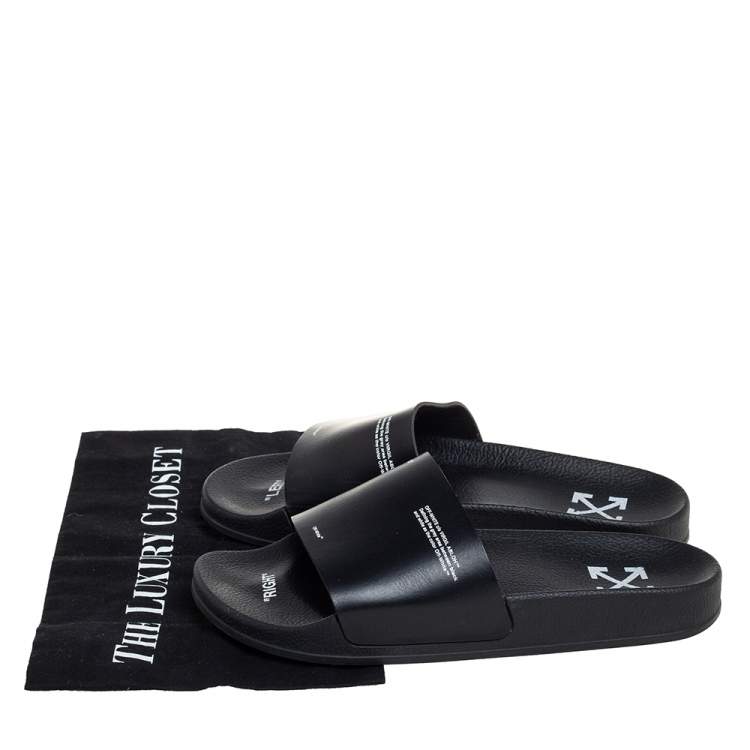 Pre Owned Off-White c/o VIRGIL ABLOH Black Leather Logo Pool Leather Slides Size 40