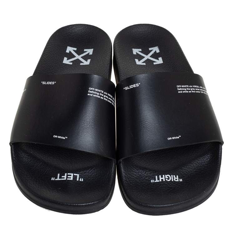Pre Owned Off-White c/o VIRGIL ABLOH Black Leather Logo Pool Leather Slides Size 40