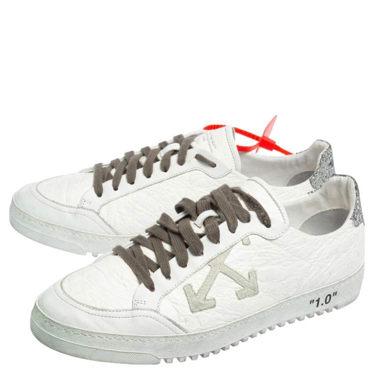 Pre Owned  Off-White White/Silver Leather and Glitter Lace Low Top Sneakers Size 44