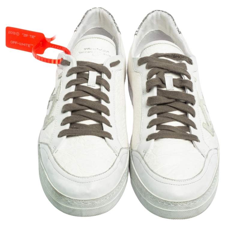 Pre Owned  Off-White White/Silver Leather and Glitter Lace Low Top Sneakers Size 44