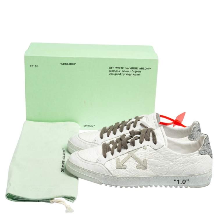 Pre Owned  Off-White White/Silver Leather and Glitter Lace Low Top Sneakers Size 44