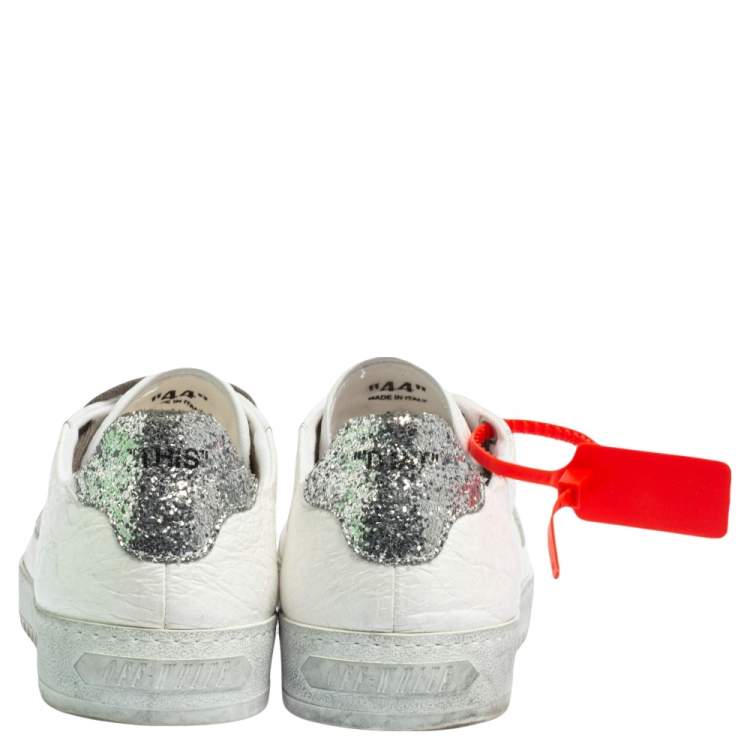 Pre Owned  Off-White White/Silver Leather and Glitter Lace Low Top Sneakers Size 44