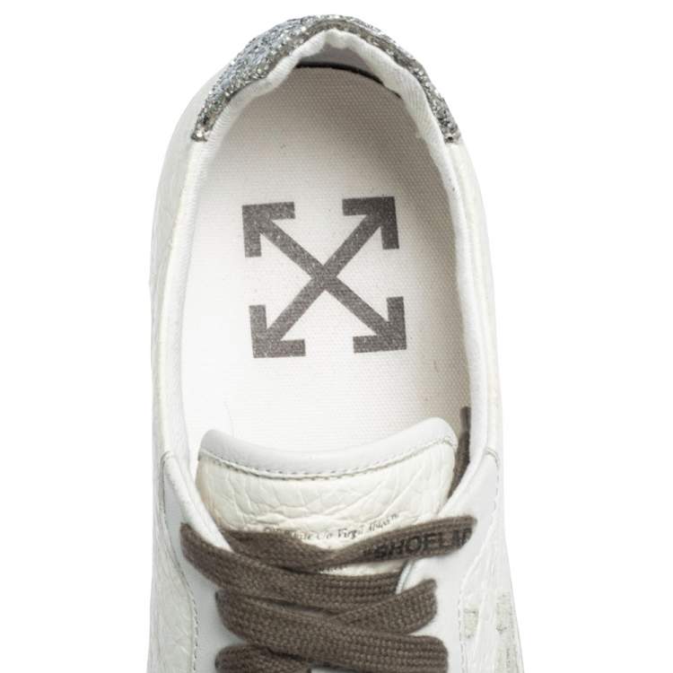 Pre Owned  Off-White White/Silver Leather and Glitter Lace Low Top Sneakers Size 44