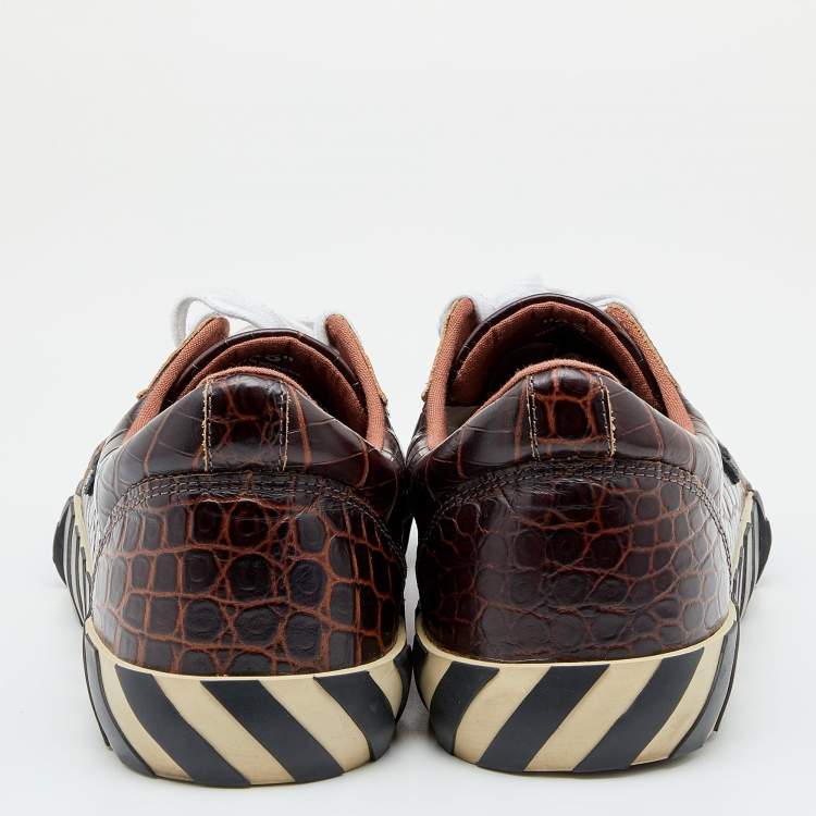 Pre Owned Off-White Brown Croc Embossed Leather Vulcanized Low Top Sneakers Size 45