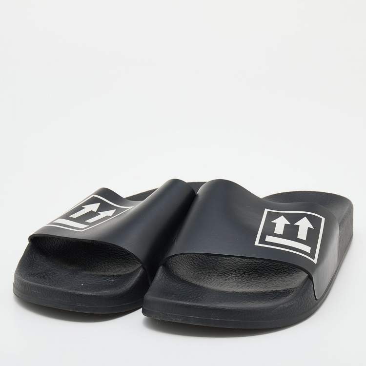 Pre Owned Off-White Black Rubber Printed Flat Slide Sandals Size 41