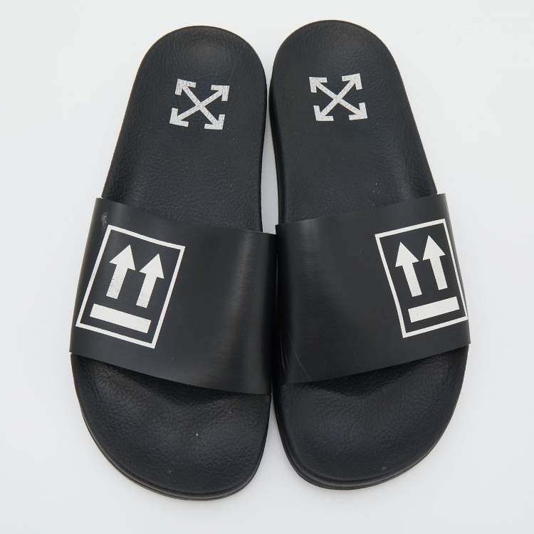 Pre Owned Off-White Black Rubber Printed Flat Slide Sandals Size 41