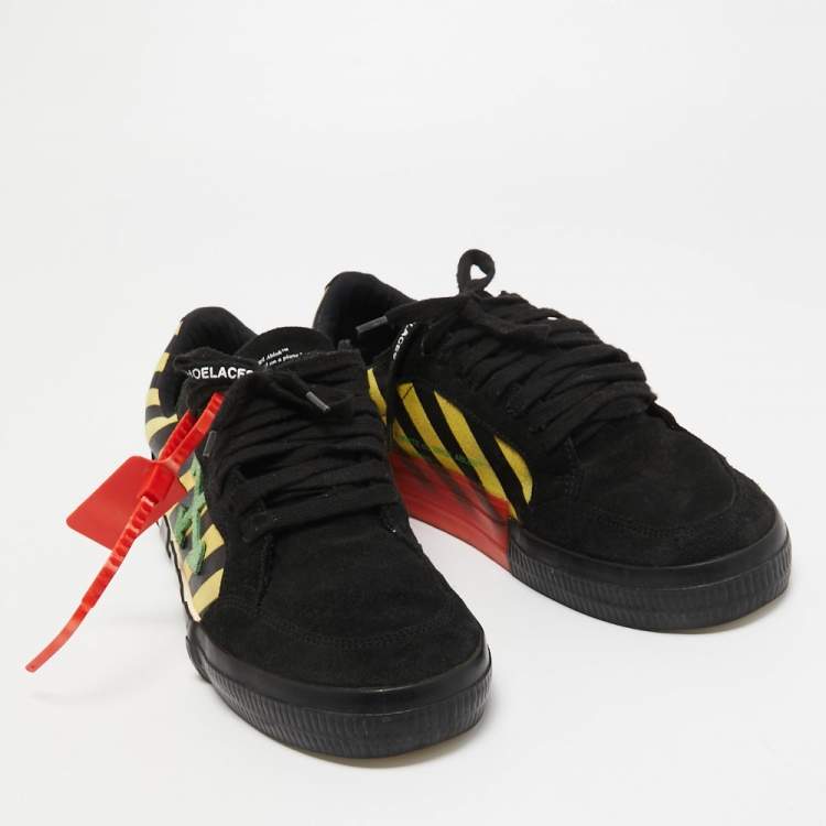 Pre Owned Off White Black/Yellow Suede and Canvas Vulcanized Striped Sneakers Size 43