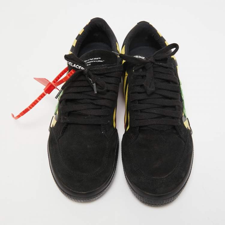 Pre Owned Off White Black/Yellow Suede and Canvas Vulcanized Striped Sneakers Size 43