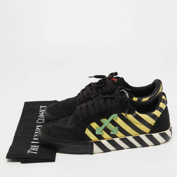 Pre Owned Off White Black/Yellow Suede and Canvas Vulcanized Striped Sneakers Size 43
