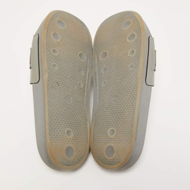 Pre Owned Off-White Grey Leather and Logo Canvas Industrial Slides Size 43