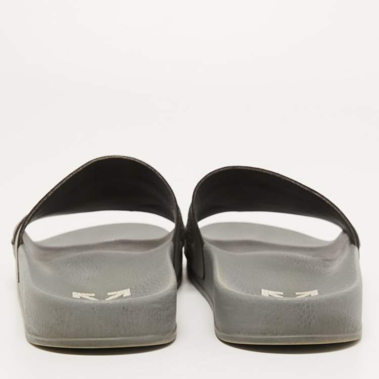 Pre Owned Off-White Grey Leather and Logo Canvas Industrial Slides Size 43