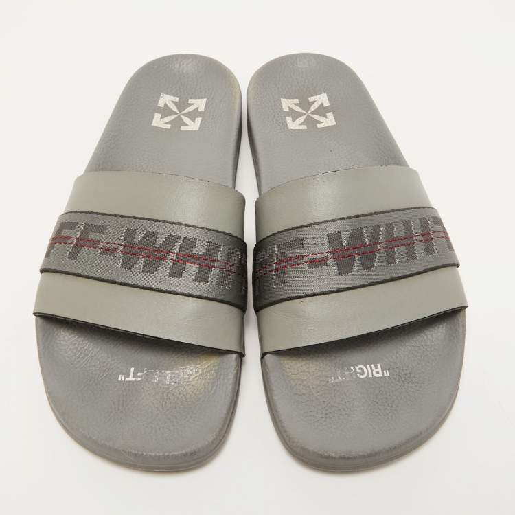 Pre Owned Off-White Grey Leather and Logo Canvas Industrial Slides Size 43