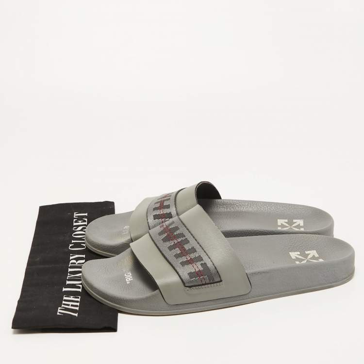 Pre Owned Off-White Grey Leather and Logo Canvas Industrial Slides Size 43