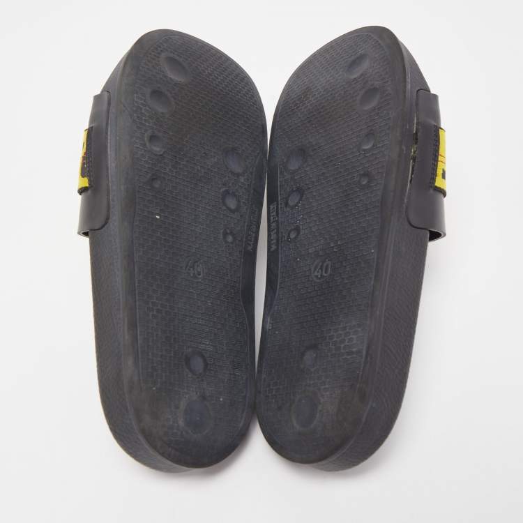 Pre Owned Off-White Black Leather and Logo Canvas Industrial Slides Size 40