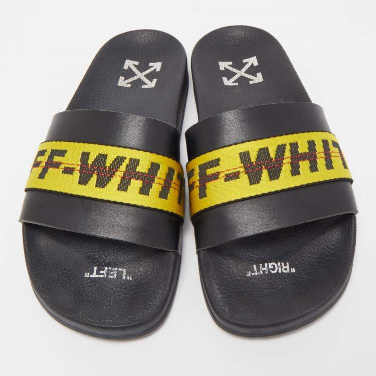 Pre Owned Off-White Black Leather and Logo Canvas Industrial Slides Size 40