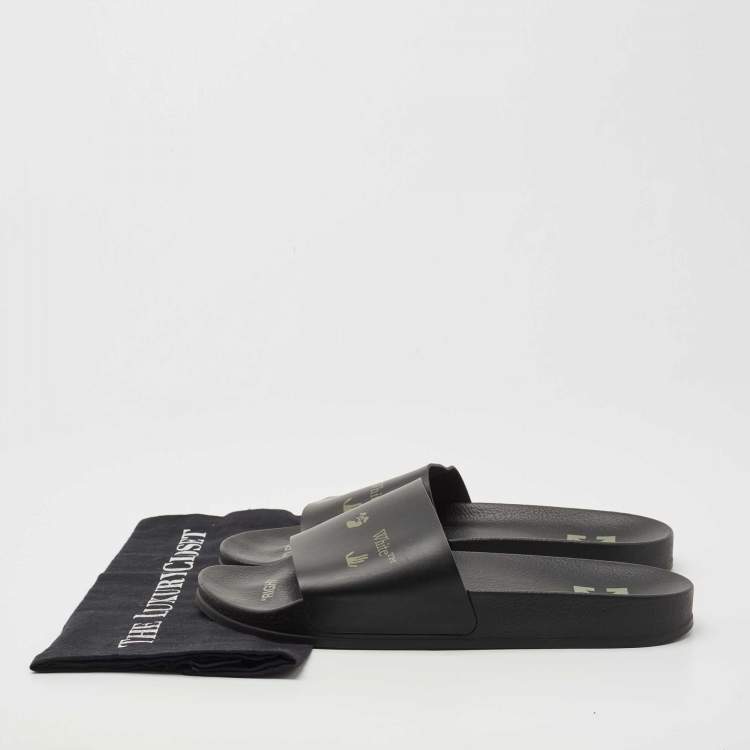 Pre Owned Off-White Black Leather Logo Pool Slides Size 42