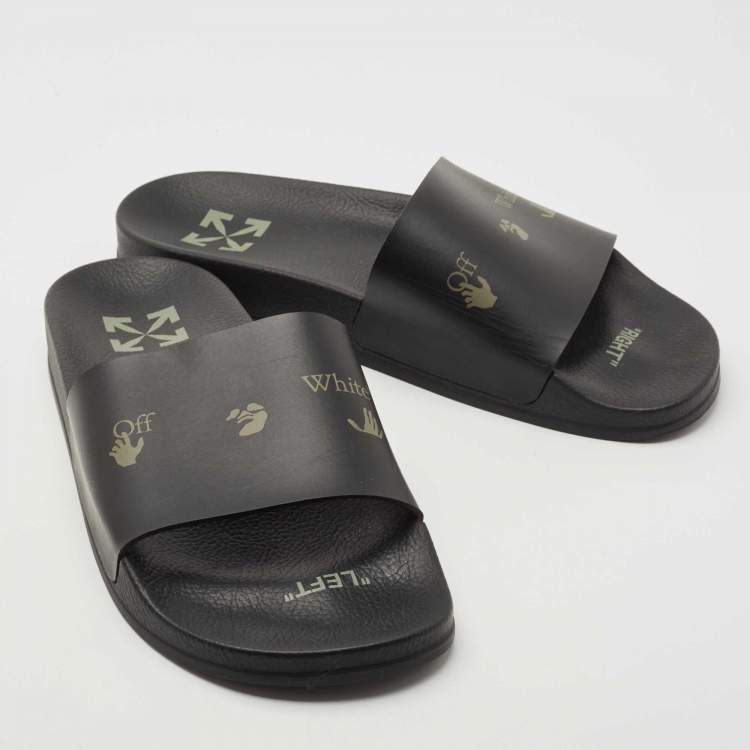 Pre Owned Off-White Black Leather Logo Pool Slides Size 42