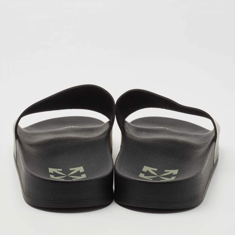 Pre Owned Off-White Black Leather Logo Pool Slides Size 42