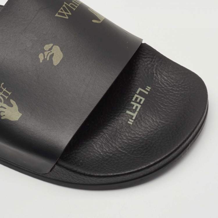 Pre Owned Off-White Black Leather Logo Pool Slides Size 42