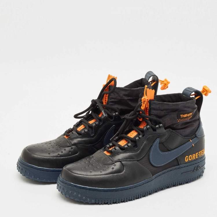 Pre Owned Off-White x Nike Navy Blue Leather and Nylon Air Force1 Gore-Tex High Top Sneakers Size 43