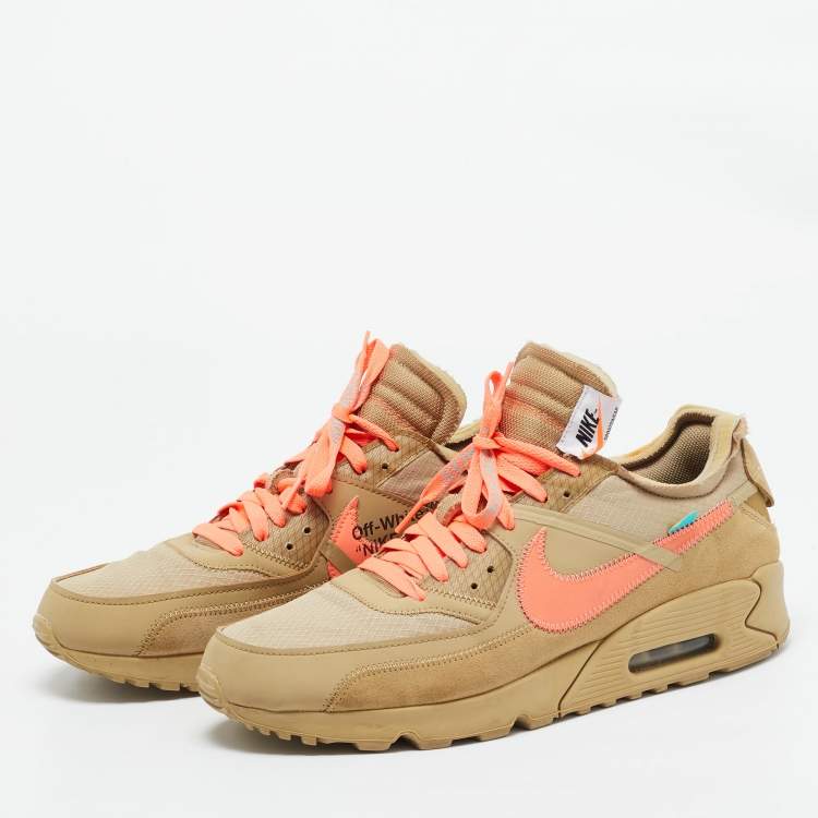 Pre Owned Off-White x Nike Beige Fabric and Suede Air Max 90 Desert Ore Sneakers Size 46