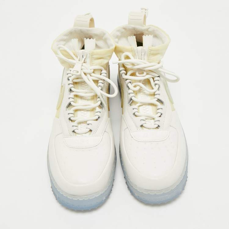 Pre Owned Off-White x Nike White Fabric and Leather Air Force1 Gore High Top Sneakers Size 43