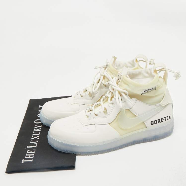Pre Owned Off-White x Nike White Fabric and Leather Air Force1 Gore High Top Sneakers Size 43
