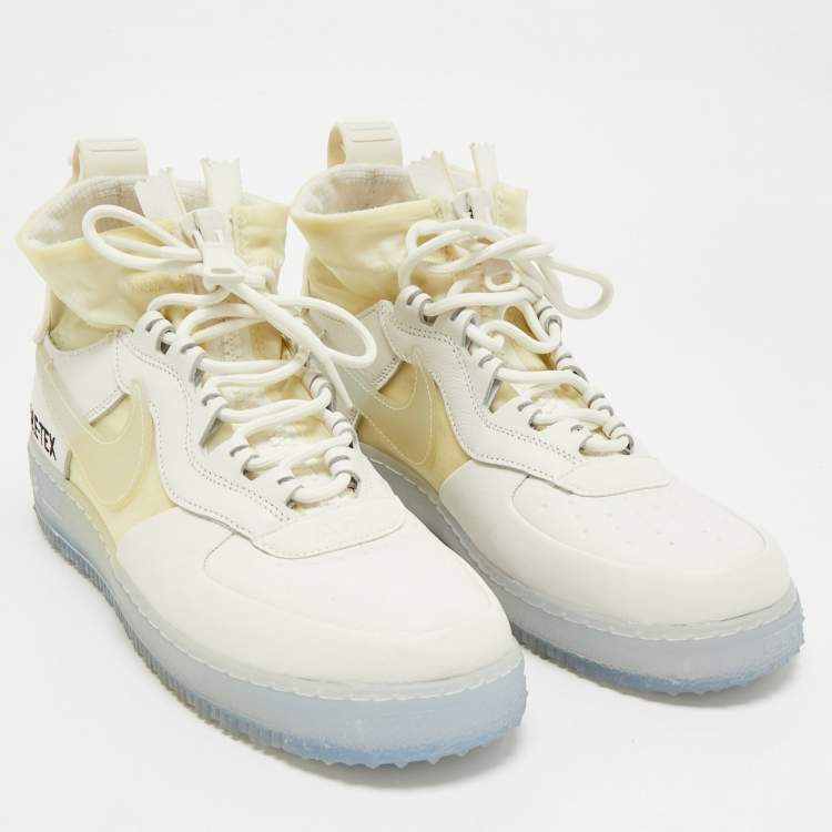 Pre Owned Off-White x Nike White Fabric and Leather Air Force1 Gore High Top Sneakers Size 43