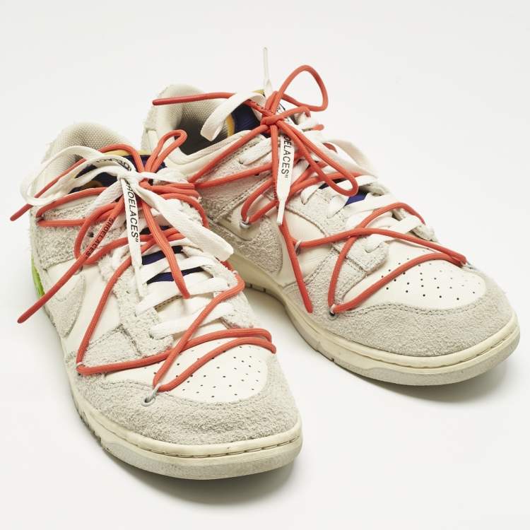 Pre Owned Off-White x Nike Cream/White Leather and Suede Dunk Low Top Sneakers Size 45