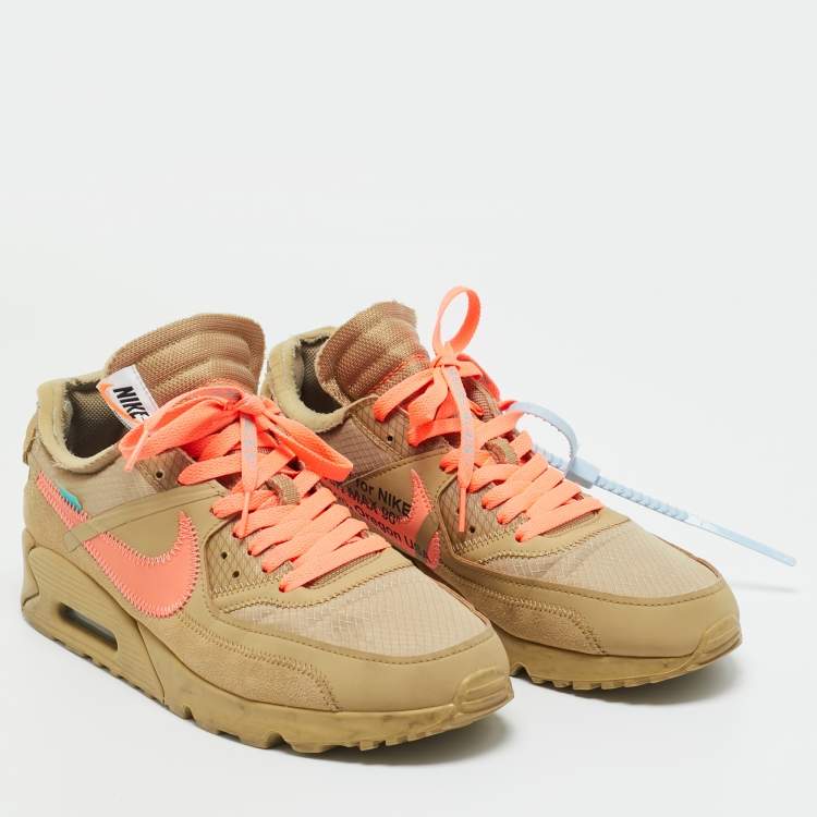 Pre Owned Off-White x Nike Beige Fabric and Leather Air Max 90 Desert Ore Lace Up Sneakers Size 44