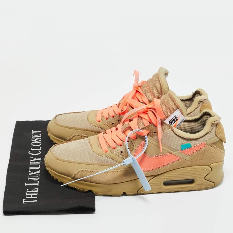 Pre Owned Off-White x Nike Beige Fabric and Leather Air Max 90 Desert Ore Lace Up Sneakers Size 44