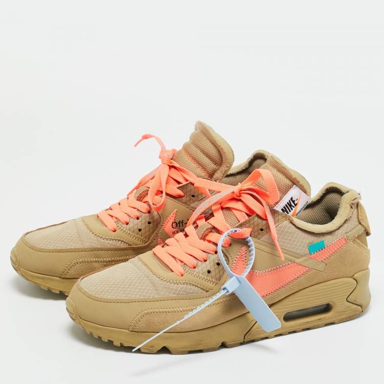 Pre Owned Off-White x Nike Beige Fabric and Leather Air Max 90 Desert Ore Lace Up Sneakers Size 44