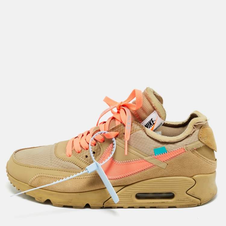 Pre Owned Off-White x Nike Beige Fabric and Leather Air Max 90 Desert Ore Lace Up Sneakers Size 44