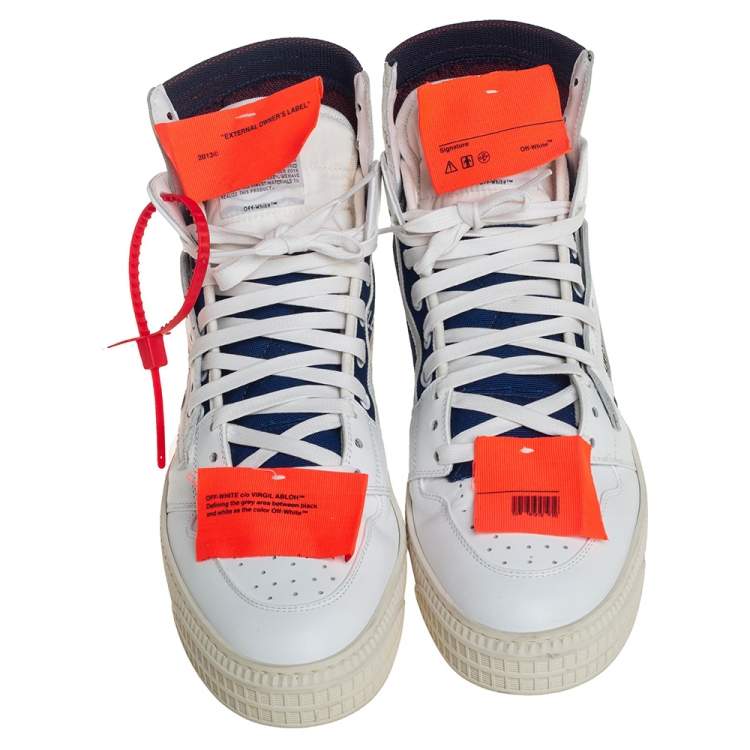 Pre Owned Off White White/Blue Leather And Canvas 3.0 Off-Court High Top Sneakers Size 43