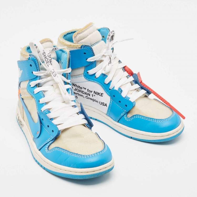 Pre Owned Off-White x Nike Blue/Grey Leather and Mesh Jordan 1 Retro High  Sneakers Size 40.5