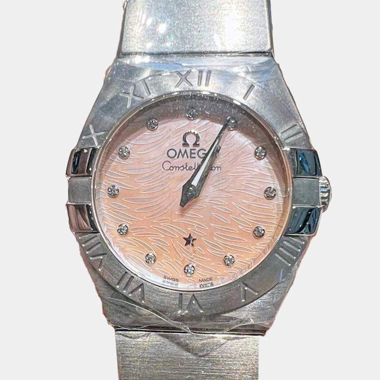 Pre Owned Omega Pink MOP Diamond Stainless Steel Constellation 123.10.24.60.57.002 Women’s Wristwatch 24 mm 
