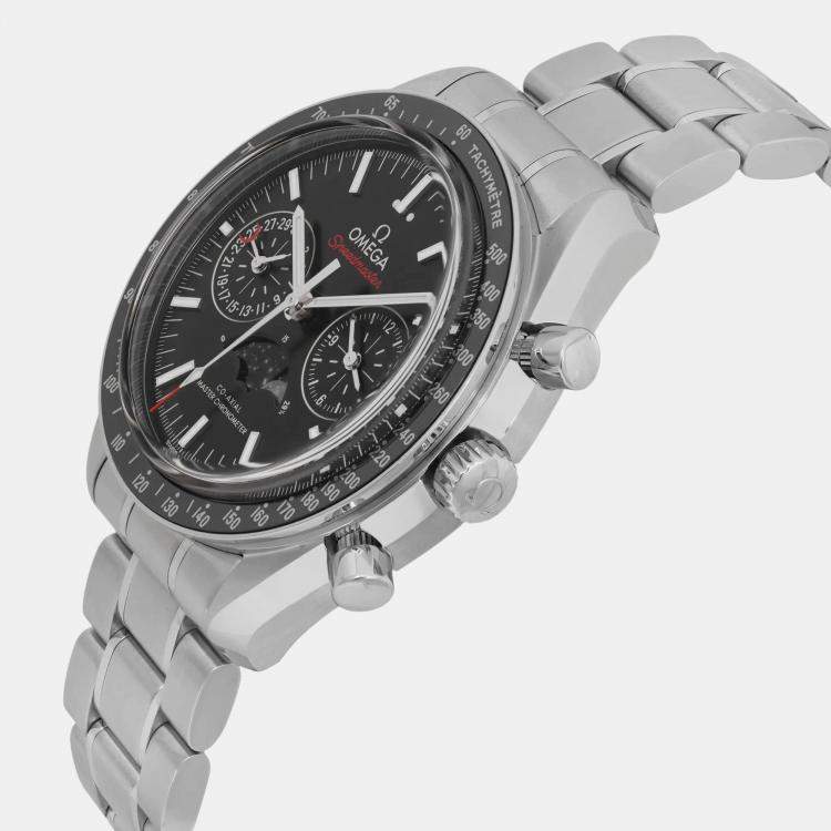 Pre Owned Omega Black Stainless Steel Speedmaster Moonphase 304.30.44.52.01.001 Automatic Men's Wristwatch 44 mm