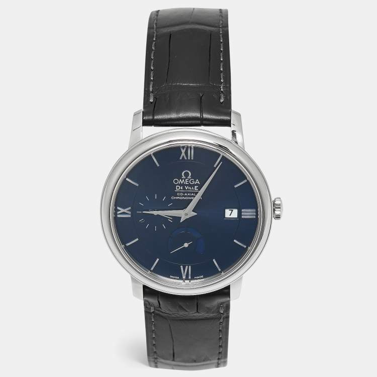 Pre Owned Omega Blue Stainless Steel Alligator De Ville Prestige 424.13.40.21.03.001 Men's Wristwatch 39 mm  