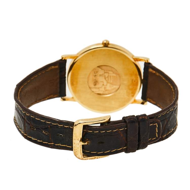 Pre Owned Omega Vintage White 18K Yellow Gold & Leather De Ville 195.2378 Men's Wristwatch 32 mm