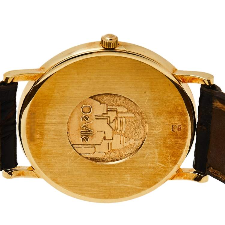 Pre Owned Omega Vintage White 18K Yellow Gold & Leather De Ville 195.2378 Men's Wristwatch 32 mm