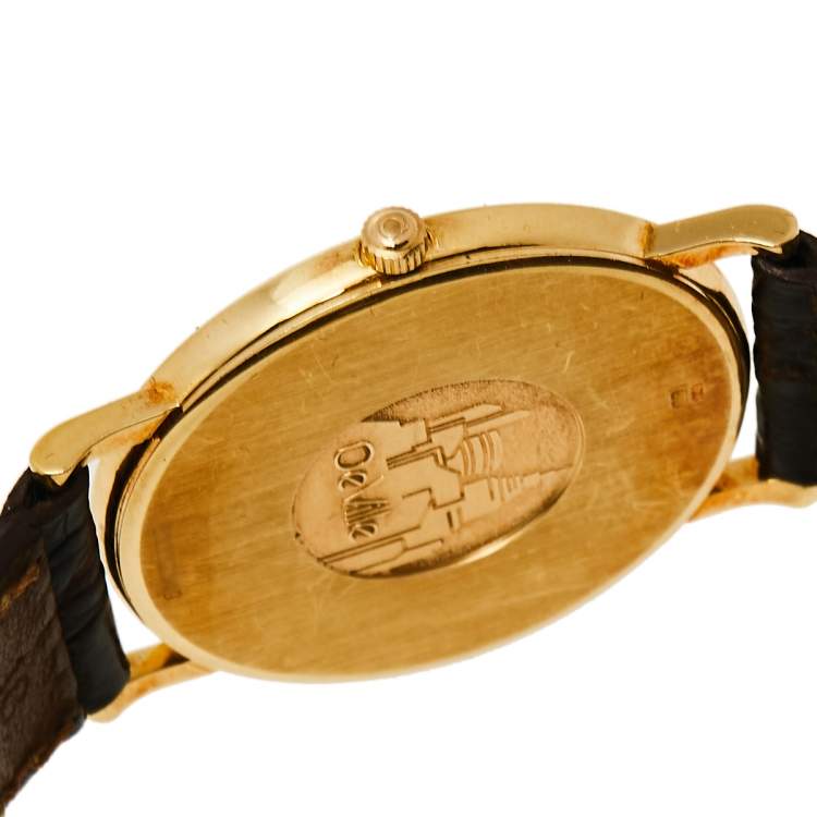 Pre Owned Omega Vintage White 18K Yellow Gold & Leather De Ville 195.2378 Men's Wristwatch 32 mm