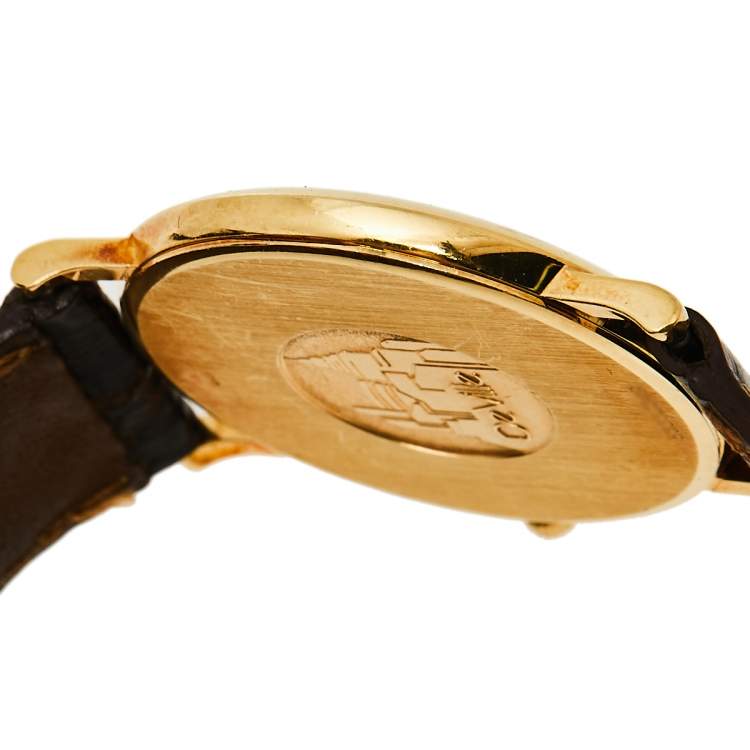 Pre Owned Omega Vintage White 18K Yellow Gold & Leather De Ville 195.2378 Men's Wristwatch 32 mm